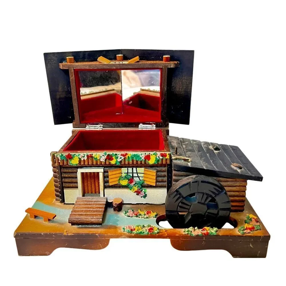 VTG 1960's Log Cabin Cottage Mill Moving Water Wheel Jewelry Music Box Japan
